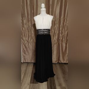 R & M Richards Black and White Evening Maxi with Beaded Waistband